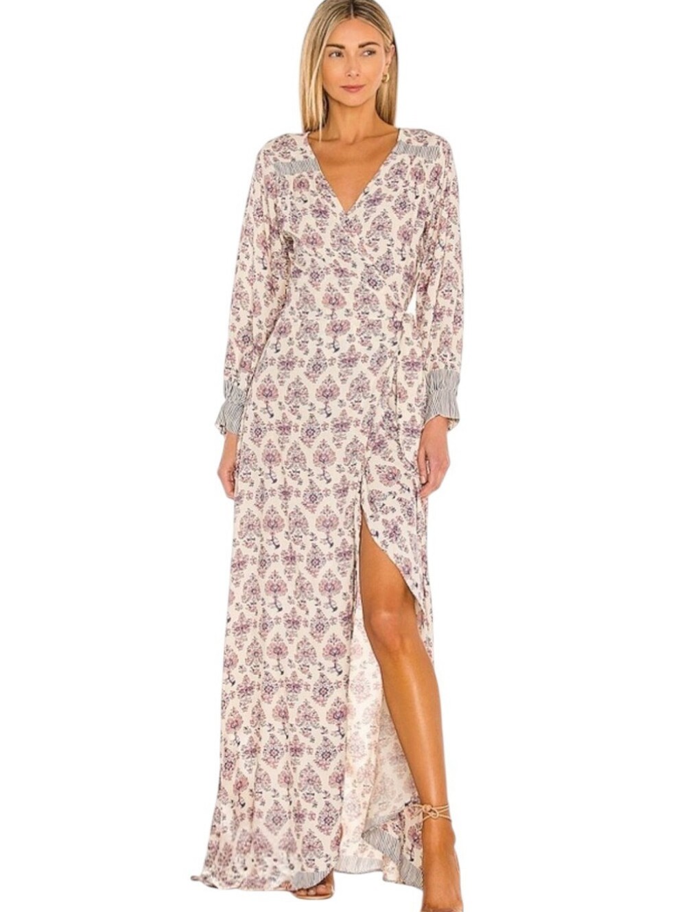 Natalie Martin | Kate Wrap Dress in Cyprus Print Lilac Small Purple Cream